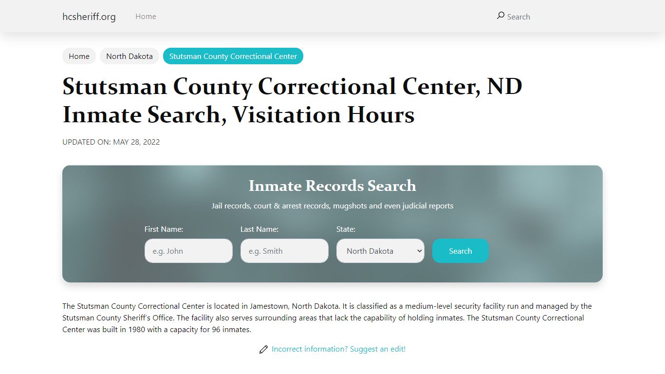 Stutsman County Correctional Center , ND Inmate Search, Visitation Hours